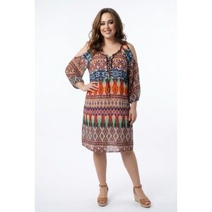 Sequin Hearts Tribal Geometric Cold Shoulder Shift Dress Multi Color Medium